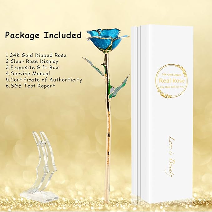Romantic Rose Gift for her,Eternity Gold Rose Flower 24k Gold Dipped Rose and Romantic Gift for her Rose,SkyBlue with Stand