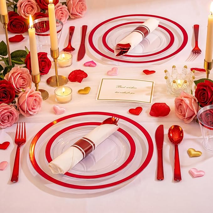 I00000 210 Pcs Red Plates Set,Clear and Red Plastic Plate Include 60 Plates,30 Cups,30 Rolled Napkins with Plastic Cutlery for Wedding & Valentine's Day