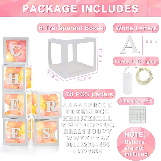 Ledido Transparent Balloon Boxes, Clear Balloon Boxes with 6 Pcs String Lights and 78 Letters for Baby Shower Gender Reveal 2026 New Year Grad Party Birthday Anniversary Bridal Decor - 6 White Boxes