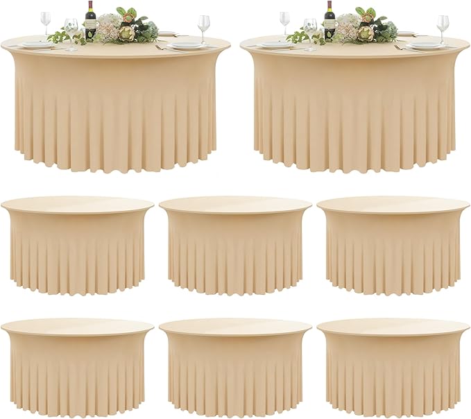 8 Pack Champange Spandex Round Tablecloths for 60 inch Tables,120inch Fitted 5FT Stretchy Round Table Cloth,Wrinkle Free Spandex Table Cover with Ruffle Skirtfor Wedding Party Dining Banquet