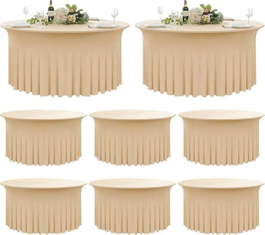 8 Pack Champange Spandex Round Tablecloths for 60 inch Tables,120inch Fitted 5FT Stretchy Round Table Cloth,Wrinkle Free Spandex Table Cover with Ruffle Skirtfor Wedding Party Dining Banquet