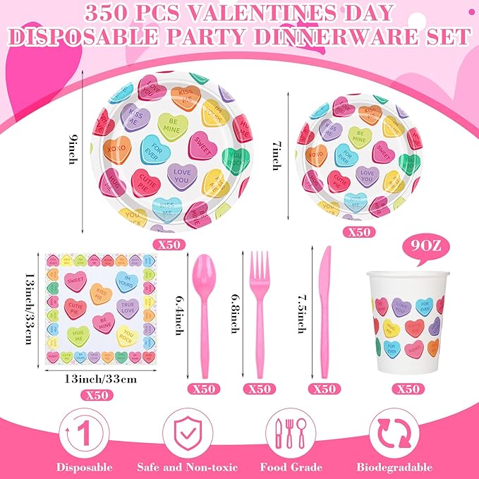 Layhit 350 Pcs Valentine's Day Tableware Sets Conversation Heart Paper Plates Valentines Plates Napkins Cups Disposable Colorful Heart Candy Dinnerware for Valentine Weddings Birthday, Serve 50