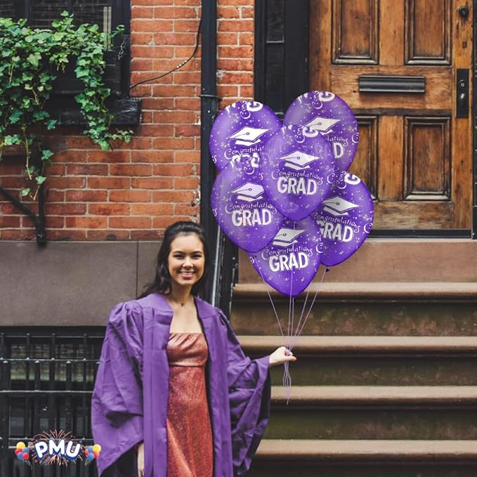 PMU 100 Pcs Crystal Purple Graduation Balloons Class of 2025 with All-Over Print White Grad Caps-Confetti and Streamers | Graduation Party Supplies | Congratulations Grad Latex Balloons Latex