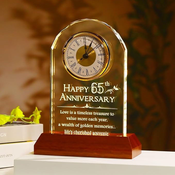 YWHL 65th Wedding Anniversary Clock Gifts for Parents Grandparents, 65 Years for Couples, Table Clock Glass Presents with Wooden Light Base for Home Decoration (Battery not Included)