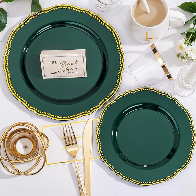 Hioasis 175pcs Green Gold Plastic Plates - Gold Plastic Dinnerware Set Includes 25 Dinner Plates, 25 Dessert Plates, 25 Gold Utensils, 25 Napkins Perfect for Wedding & Party