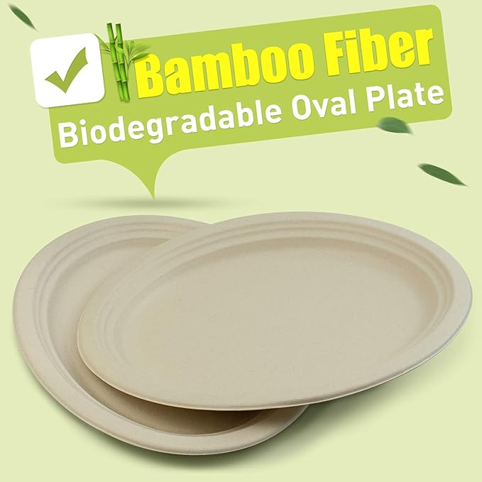 Green Earth, 12-Inch, 125-Count, Compostable Plates, Natural Bamboo Fibers, Everyday Tableware - Biodegradable Disposable Oval Shape Microwave-Safe Gluten-Free Eco-Friendly