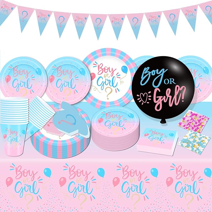 Gender Reveal Decorations, Baby Shower Party Supplies 124 Pieces Paper Plates, Cups, Napkins, Tablecloths, Black Balloon, Banner, Tableware Set Disposable Dinneware