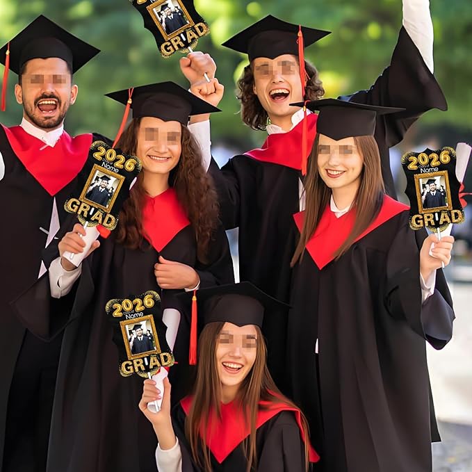 Personalized Graduation Double Sided Face Fan Class of 2026 Customized Graduation Head Face Cutout with Handle Fun Photo Prop Supplies(A-Black and Gold,24pcs)