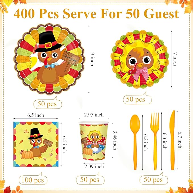 Pickmesh 400 Pcs Turkey Thanksgiving Party Supplies Include Disposable Paper Plates Napkins Cups Cutlery Harvest Dinnerware for Fall Autumn Thanksgiving Party Decorations Serve 50