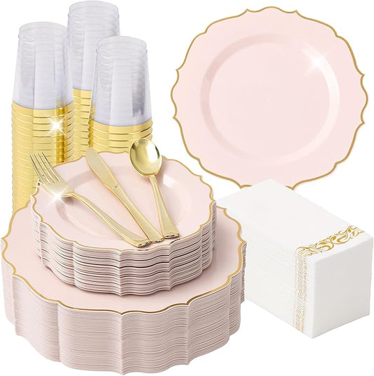 350 PCS Pink Disposable Plates, Scalloped Dinnerware Set for 50 Guests, 100 Plastic Plates, 150 Silverware, 50 Cups & 50 Paper Napkins, Pink