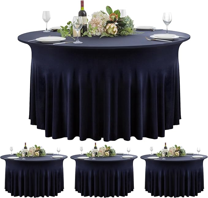 4 Pack Navy Blue Round Spandex Tablecloth 60 Inch, Wrinkle Free Stretch 120 Inch Fitted 5ft Navy Table Cloths Round Table Covers with Ruffle Skirt for Graduation Party Wedding Banquet