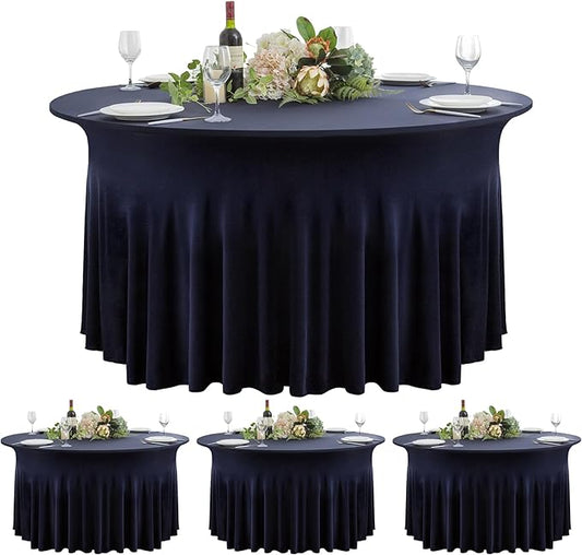 4 Pack Navy Blue Round Spandex Tablecloth 60 Inch, Wrinkle Free Stretch 120 Inch Fitted 5ft Navy Table Cloths Round Table Covers with Ruffle Skirt for Graduation Party Wedding Banquet