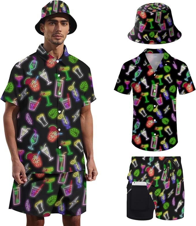 Men's Hawaiian Shirt and Shorts Set 2 Piece Beach Outfits with Bucket Hats for Beach Days and Summer Vibes