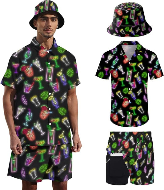Men's Hawaiian Shirt and Shorts Set 2 Piece Beach Outfits with Bucket Hats for Beach Days and Summer Vibes