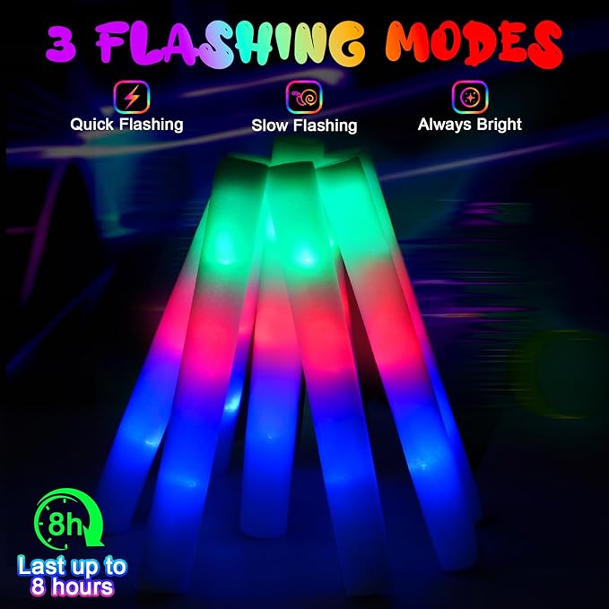 100 PCS Foam Glow Sticks, Bulk Glow Sticks with 3 Modes Colorful Flashing, LED Light Sticks, Glow in Dark Party Supplies for Wedding, Raves, Birthday, Christmas, New Year