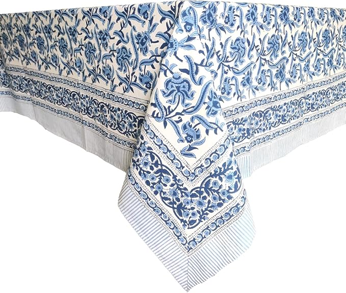 ATOSII Midnight Bloom 100% Cotton Fall Tablecloth, Handblock Print Blue Square Table Cloth for Kitchen Dining Table Linen I Parties Wedding Christmas Thanksgiving Outdoor Fall Decor 60 X 60 Inches