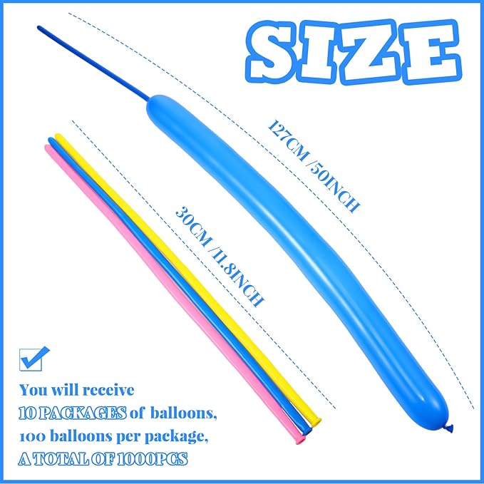 Sratte 1000 Pcs Bulk Animal Balloons 260Q Twisting Long Balloon Assorted Color for Halloween Animal Shape Weddings, Birthdays Clowns, Xmas Presents (Bright Colors)