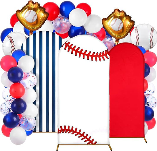34 Pieces Baseball Birthday Party Decorations 4ft 5ft 6ft Baseball Arch Backdrop Cover 3 Spandex Arch Backdrop Cover Red Blue White Foil Balloons for Concessions Sports Game Birthday Party