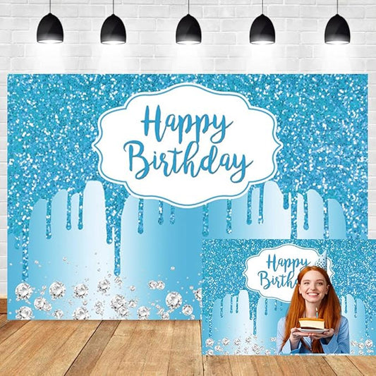 OERJU Blue Birthday Backdrop Glitter Sequin Diamonds Happy Birthday Backdrop for Women Girls Sweet 16 18th 21st 30th 40th 50th Birthday Party Decorations Background Cake Table Banner 15x10ft