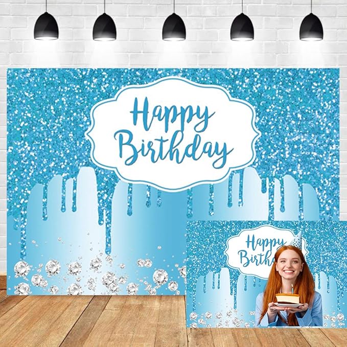 OERJU Blue Birthday Backdrop Glitter Sequin Diamonds Happy Birthday Backdrop for Women Girls Sweet 16 18th 21st 30th 40th 50th Birthday Party Decorations Background Cake Table Banner 9x6ft