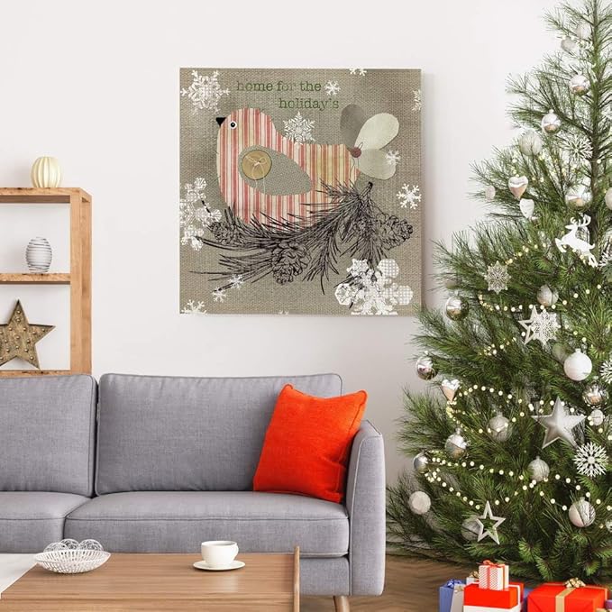 Renditions Gallery Home for the Holidays Bird Wall Art, Cute Christmas & Winter Decor, Pine Cones & Snowflakes, Premium Gallery Wrapped Canvas, Ready to Hang, 24 in H x 24 in W, Made in America