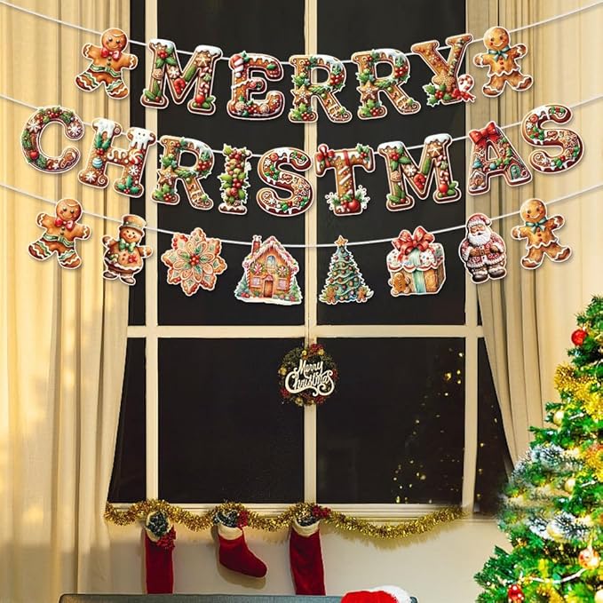 YUNZLAN 12 Pcs Gingerbread Christmas Banner, Merry Christmas Banner Hanging Decor for Home, Door, Garden for Xmas and Winter Holiday Party Decorations Favors Supplies (12)