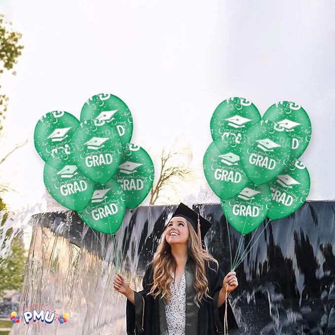 PMU 100 Pcs Crystal Green Graduation Balloons Class of 2025 with All-Over Print White Grad Caps-Confetti and Streamers | Graduation Party Supplies | Congratulations Grad Latex Balloons Latex