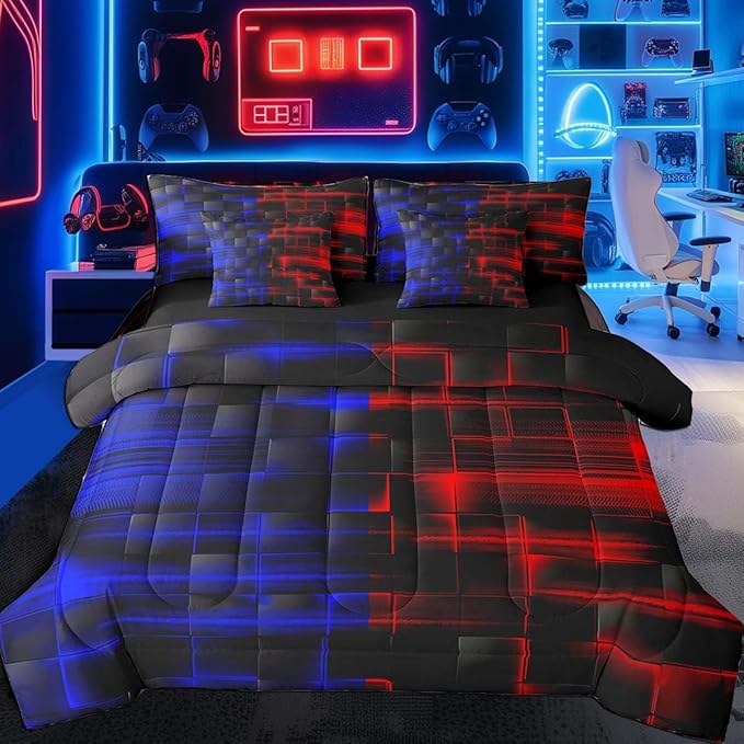 Feelyou Red and Blue Comforter Set with Sheets 7 Piece Full Size Geometric Bed in a Bag Strip Lines Bedding Set Abstract Art Bed Set with Comforter, Sheets,Pillowcases,Cushion Covers