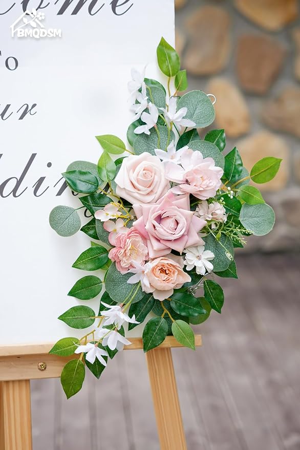 Faux Flowers Wedding Welcome Signs Floral(Pack of 2)，Wedding Arch Flowers Swag for Decorations and Reception Backdrop Decoration (Pink)