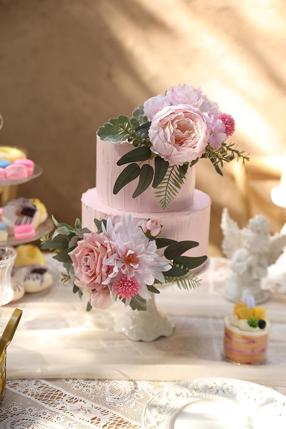 Serra Flora 3Pcs Pre-made Silk Flowers Cake Topper Wedding Artificial Flowers Decor Blusher Pink Flowers Cake Decorations for Girl Sweet Weddings Boho Party Supplies.