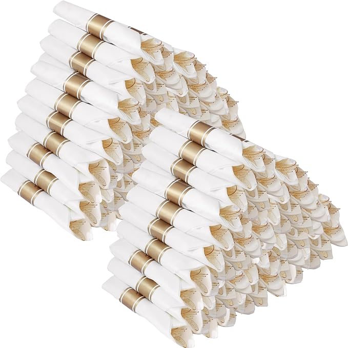 Goodluck 100 Pack Pre Rolled Gold Glitter Plastic Silverware, Wrapped Cutlery Set with Napkin Include 100 Forks, 100 Knives, 100 Spoons and 100 Napkins, Fancy Disposable Silverware for Party, Wedding
