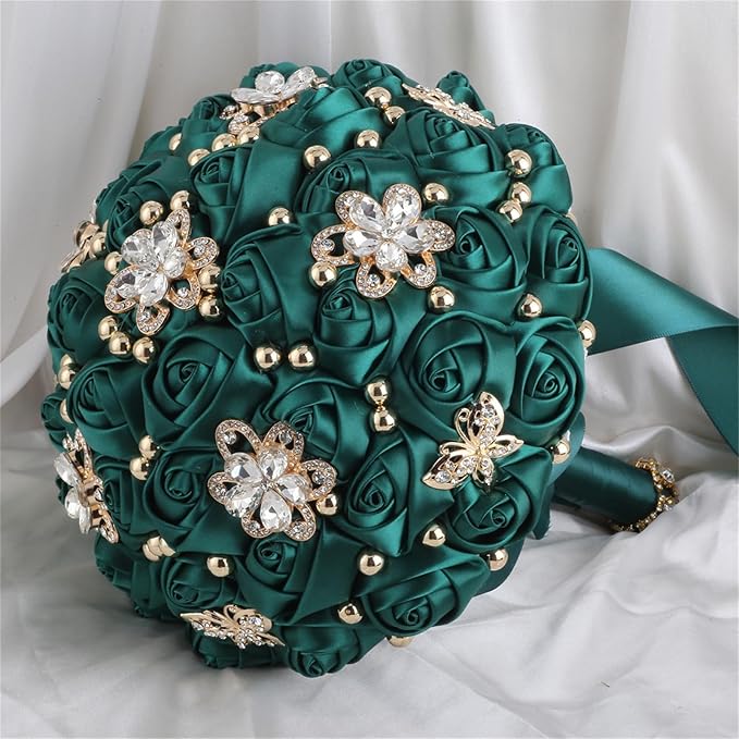 Bridal Wedding Bouquet for Bride Bridesmaid Wedding Quinceanera Throw Toss Artificial Rose Flower Bunch with Bling Brooch (66#DarkGreen, Small (Dia. 7.5"/18cm))