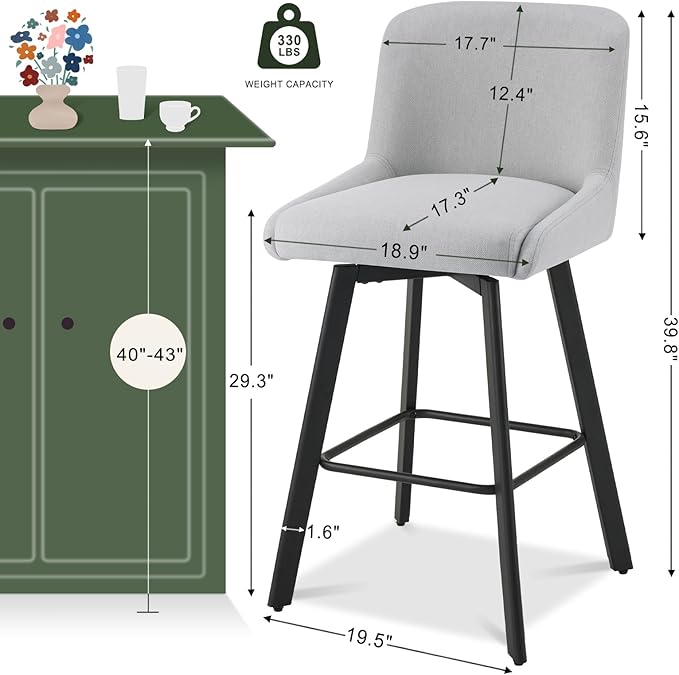 Swivel Bar Stools Set of 4, 29''H Upholstered Barstools with Backs, Modern Counter Height Bar Stool Chairs for Kitchen Island, Metal Legs, Fabric, Light Gray Counter Stools