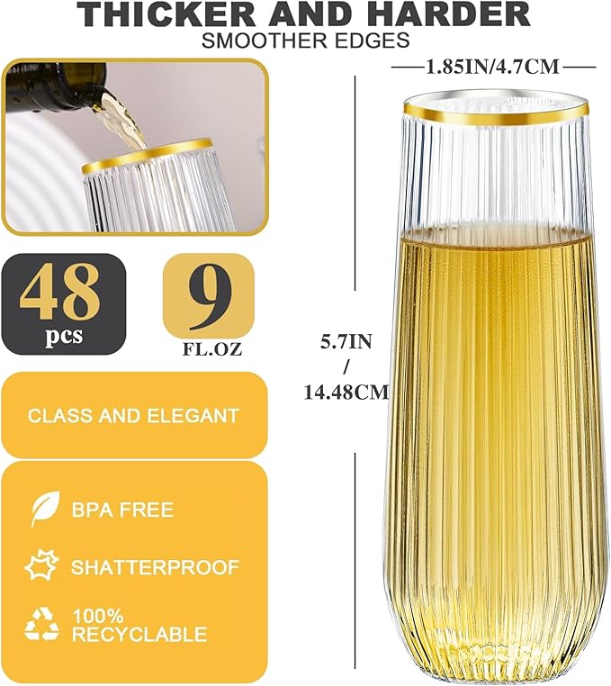 48 Pack Plastic Ribbed Champagne Flutes, 9 Oz Stemless Disposable Gold Rim Clear Plastic Toasting Glasses Shatterproof Recyclable and BPA-Free Perfect For Wedding