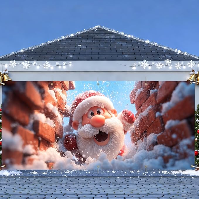 Santa Claus Christmas Garage Door Banner 7x16FT, Holiday Decoration for Garage Doors, Outdoor Xmas Scene with Santa and Snowfall, Large Garage Cover for Christmas