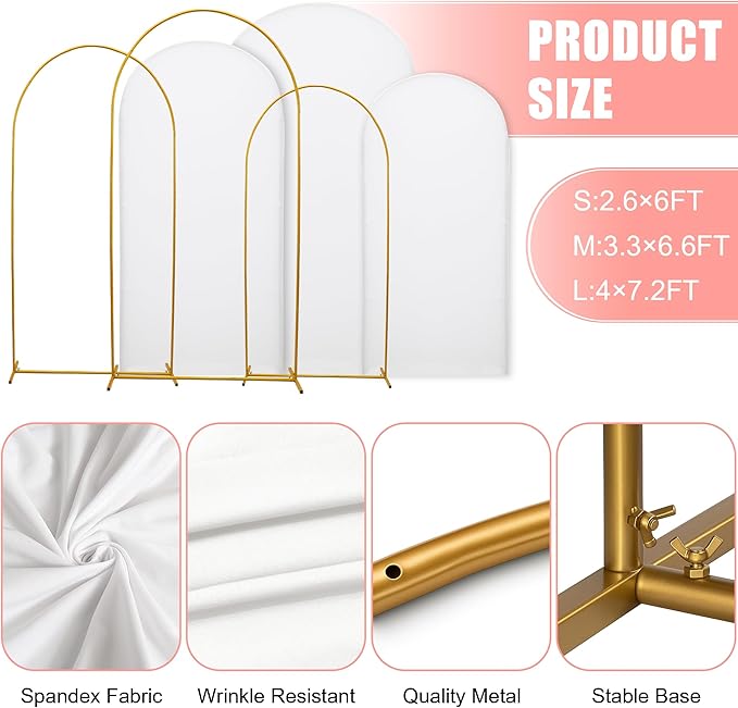 Metal Arch Stand with Spandex Covers, Set of 3, Wedding Party Decorations (White, 7.2FT)