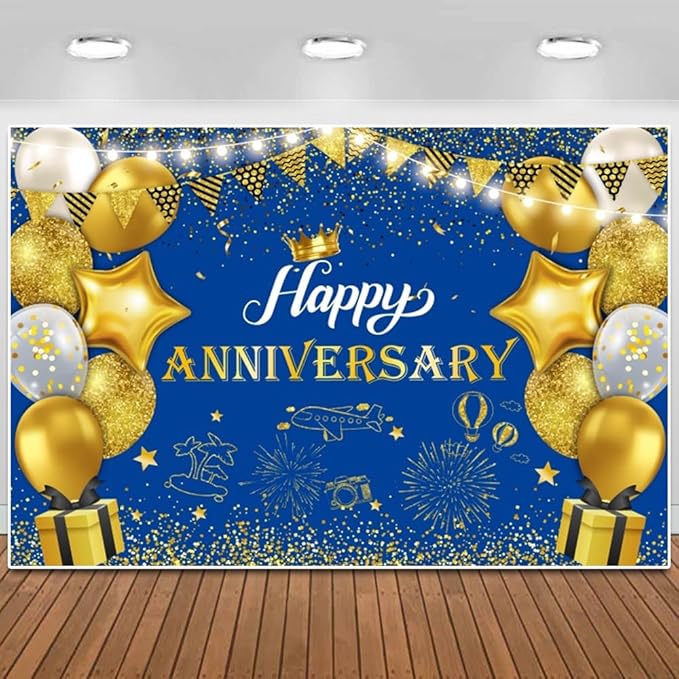 ChloropLastid Happy Anniversary Backdrop Blue Gold Anniversary Decorations for Party Banner 50th 60th Anniversary Birthday Wedding Supplies Photo Booth Props Background 12X10FT