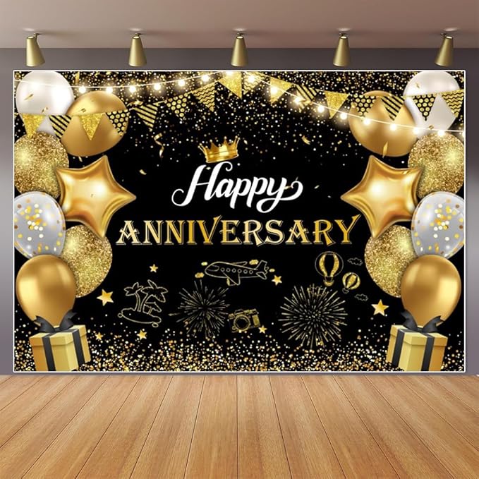 ChloropLastid Happy Anniversary Backdrop Black Gold Anniversary Decorations for Party Banner 50th 60th Anniversary Birthday Wedding Supplies Photo Booth Props Background 9X6FT