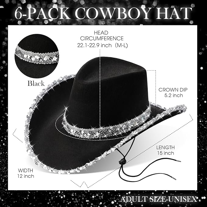 Hercicy 6 Pack Western Cowboy Hats with Rhinestone Tassel Bands Sequin Trim Sparkly Cowgirl Party Hats for Adults Women Men