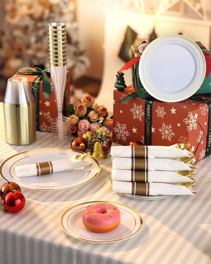 Goodluck 200PCS Gold Disposable Plastic Dinnerware Set for 25 Guests, Include 25 Dinner Plates, 25 Dessert Plates, 25 Napkins with Silverware, 25 Cups, 25 Champagne Glasses, for Christmas, Wedding