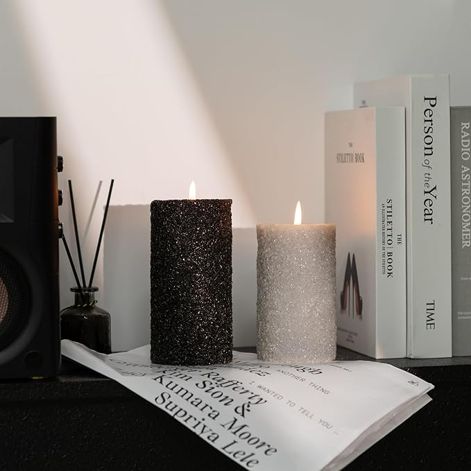MOZEAL Hand-Poured Granular Texture Decorative Black Pillar Candles Set of 3 (3"x4", 5", 6"),Approx 300 Hours Burn Time Dripless, Unscented, Smokeless, for Halloween