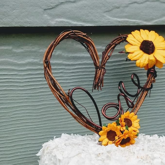 Love Cake Topper in Grapevine Twigs and Sunflowers for Engagement Party, Rustic Bride Shower, Wedding Receptions