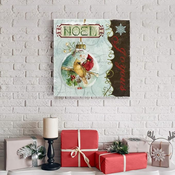 Renditions Gallery Joyous Noel Ornament Wall Art, Cute Winter Decor, Yellow & Red Cardinals, Festive Holly, Premium Gallery Wrapped Canvas, Ready to Hang, 40 in H x 40 in W, Made in America