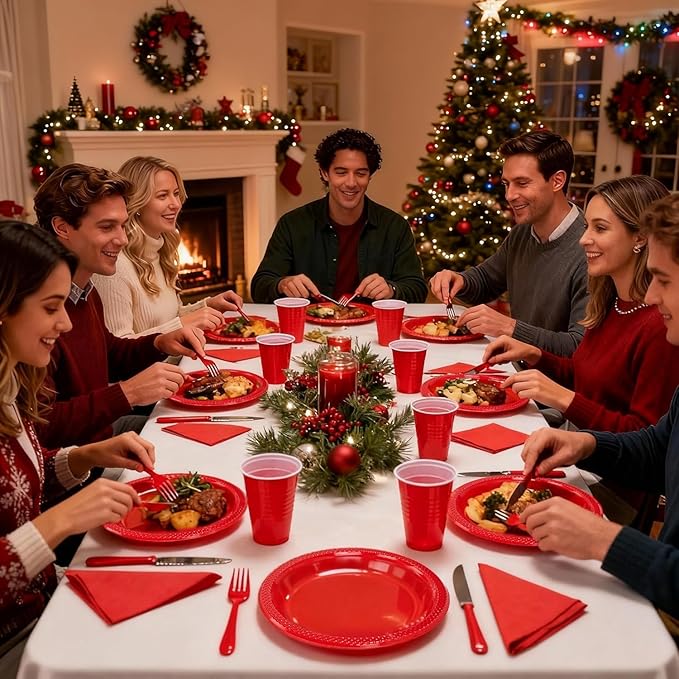 MirthMood 350PCS Red Disposable Plastic Plates,Red Dinnerware Set Includes 50 Dinner Plates, 50 Salad Plates, 50 Sets of Silverware, 50 Napkins and 50Pcs 12OZ Plastic Cups