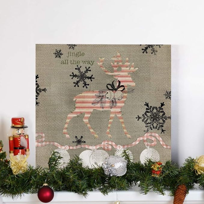 Renditions Gallery Jingle All the Way Reindeer Wall Art, Christmas & Winter Decor, White & Red Striped Fabric Look, Premium Gallery Wrapped Canvas, Ready to Hang, 40 in H x 40 in W, Made in America