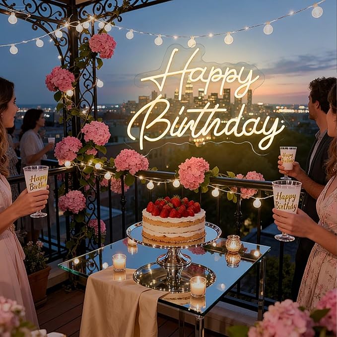 HMT Happy Birthday Neon Sign for Backdrop Wall Decor Large Size 22×16.9 Inch Happy Birthday LED Neon Lights for Birthday Party Decor Light Up Sign Neon Signs for Room Reunion Decoration Celebrations Adjustable light intensity (Warm White)