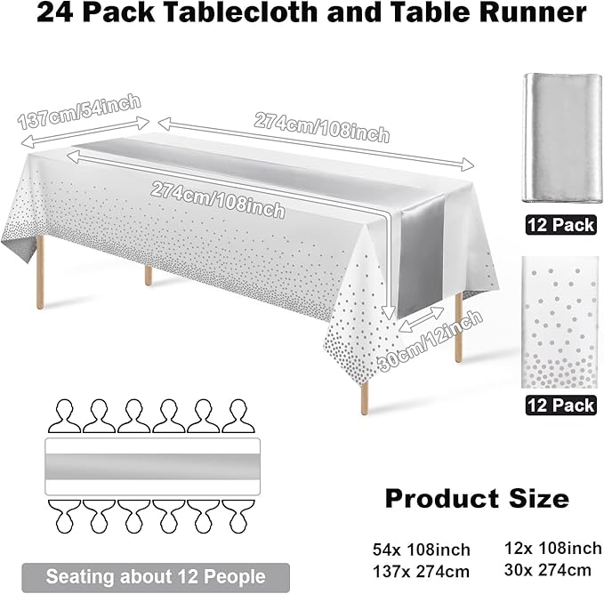 MASHAN 24Pack Disposable Plastic Tablecloths and Satin Table Runner Set White and Silver Dot Tablecloth Silver Satin Table Runner for Wedding Birthday Baby Shower Christmas New Year Party Decorations