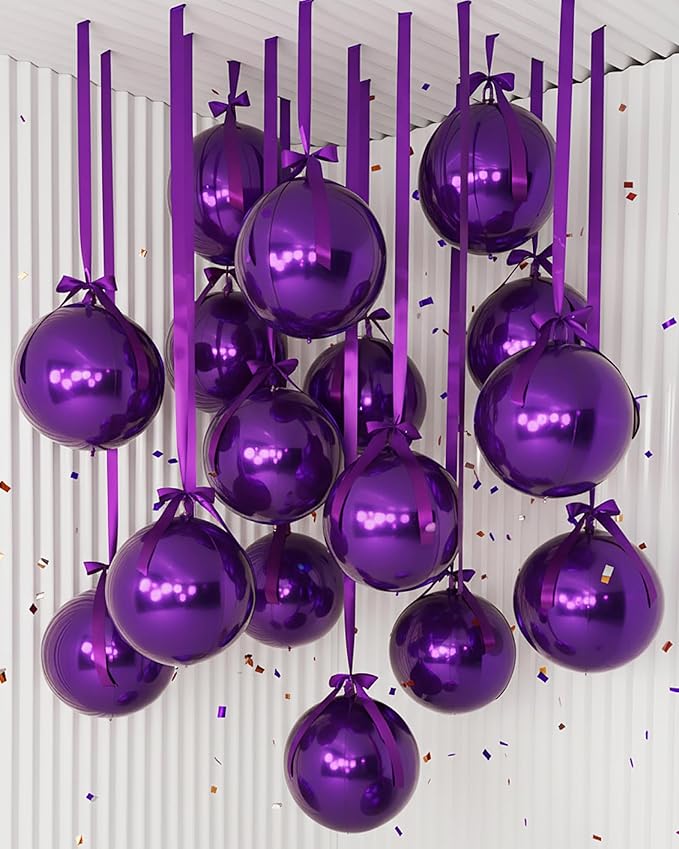 Jenaai 30 Set Round Foil Balloons Bulk 22 Inch 4d Metallic Giant Balloons Set with Satin Bows Ribbon for Ceiling Holiday Ornaments New Year Birthday Wedding Party Decoration(Purple)