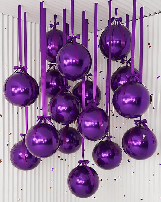 Jenaai 30 Set Round Foil Balloons Bulk 22 Inch 4d Metallic Giant Balloons Set with Satin Bows Ribbon for Ceiling Holiday Ornaments New Year Birthday Wedding Party Decoration(Purple)