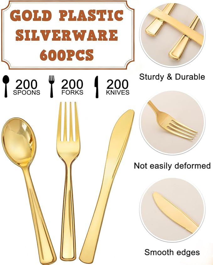 bUCLA 600 Pieces Gold Plastic Silverware - Disposable Gold Utensils - Heavy Duty Plastic Cutlery set- 200 Forks, 200 Spoons, 200 Knives for Party & Wedding